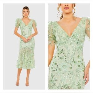 Mac Duggal 68266 NWT Green Puff Sleeve V Neck Floral Embellished Dress